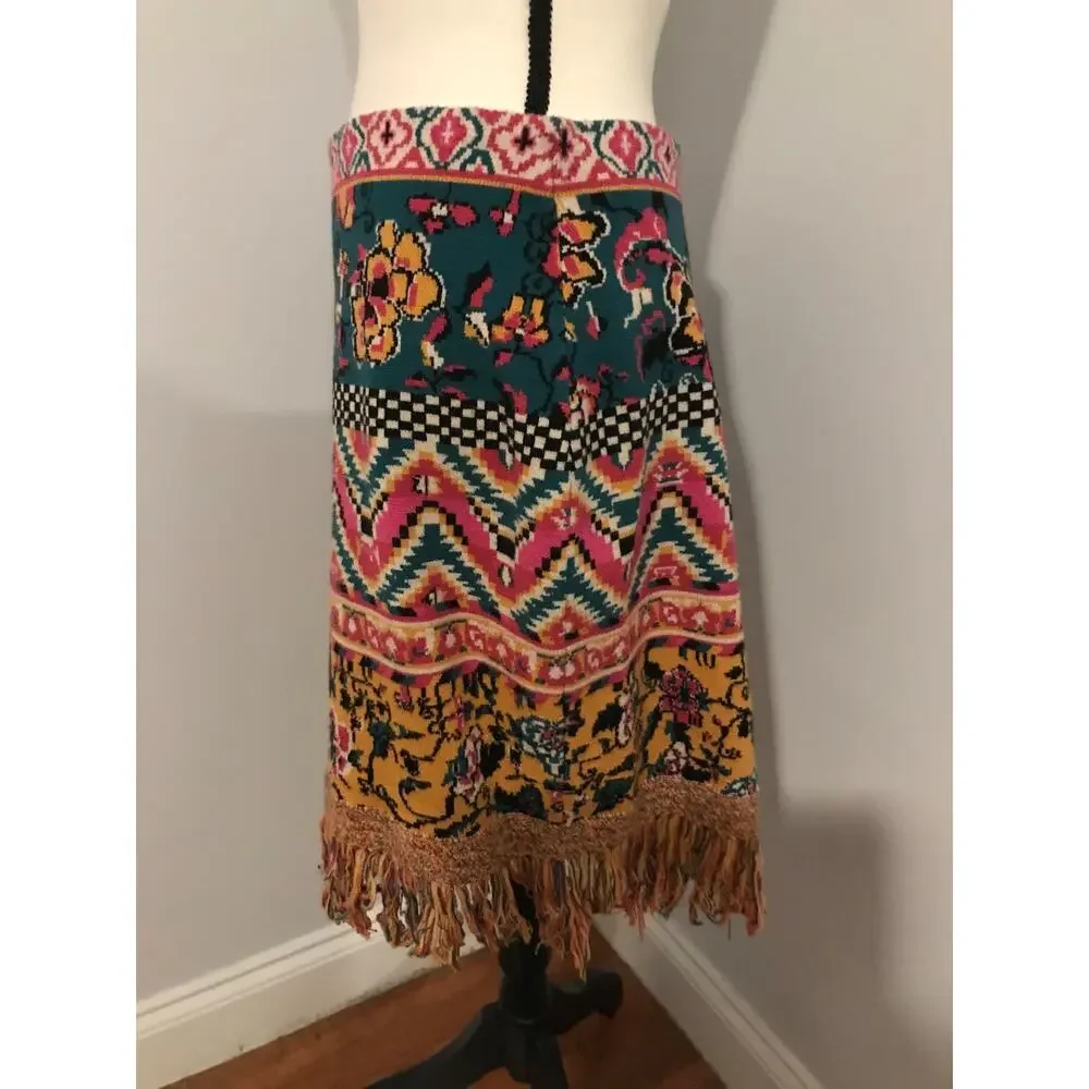 Anthro Fringed Sweater Mini Skirt XL Boho Abstract Print Tassel Hem Knit - Picture 3 of 10